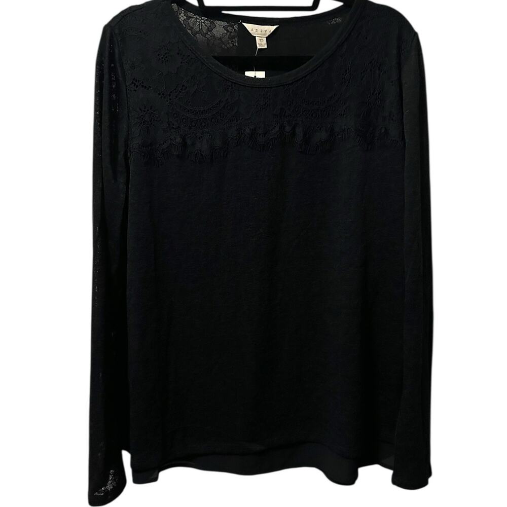 Adiva Black Lace Yoke Long Sleeve Top Split Back XL‎ Goth Romantic Minimalist